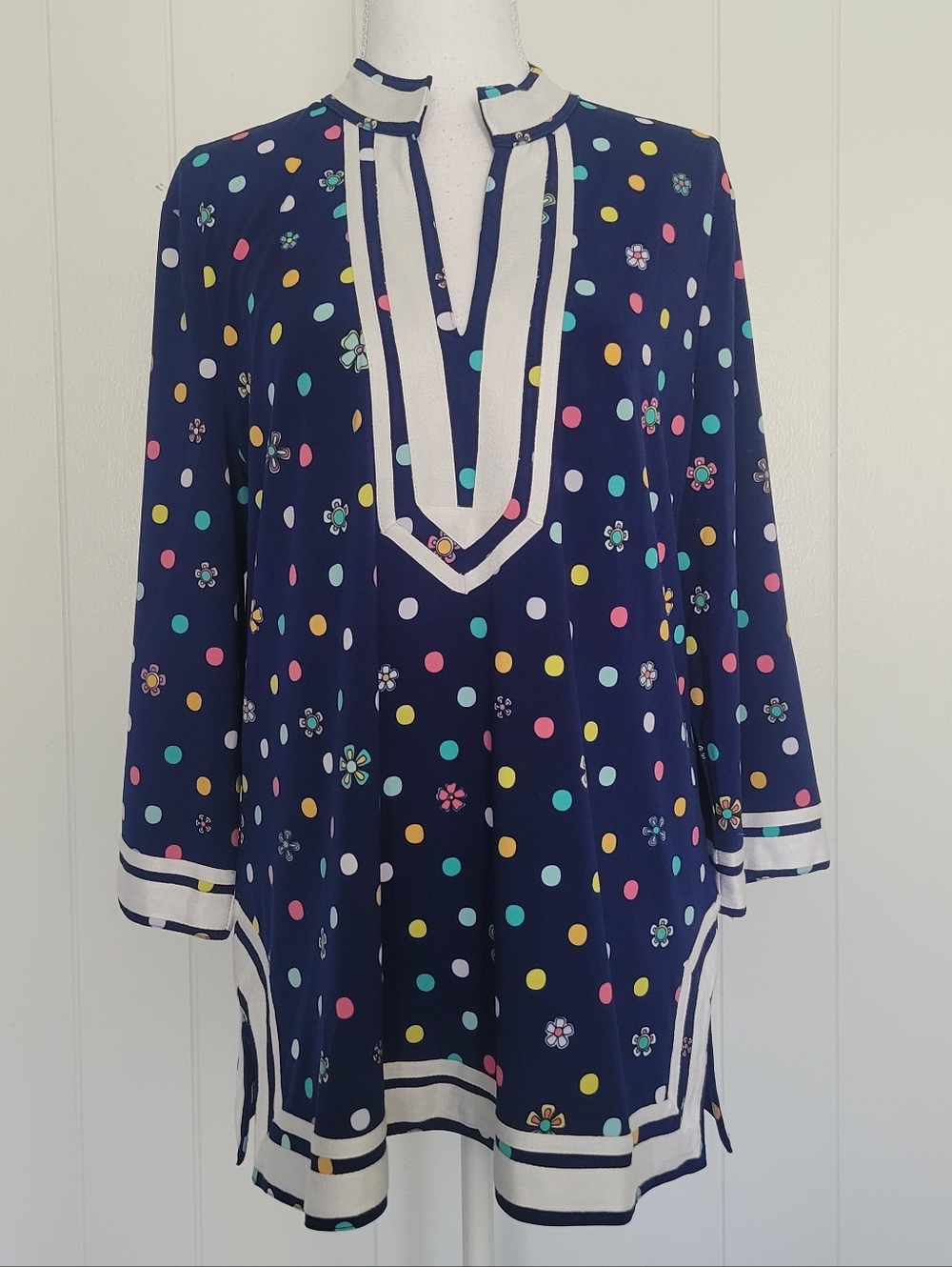 NWT Island Republic Tunic Top Polka Dot Flower Ribbon Trim Resortwear Coastal LG